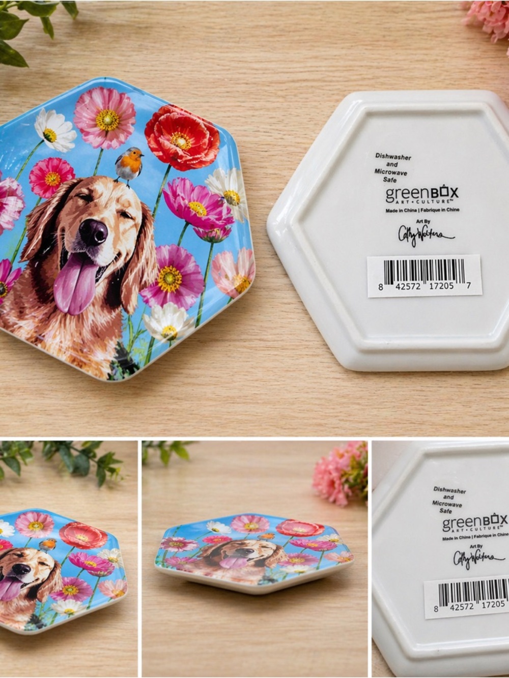 GreenBox Golden Retriever Porcelain Hex Trinket Tray NWOT